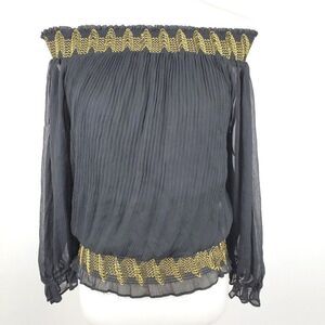 XOXO Black Off the Shoulder Chiffon Pleated Blouse Balloon Sleeves Womens sz M